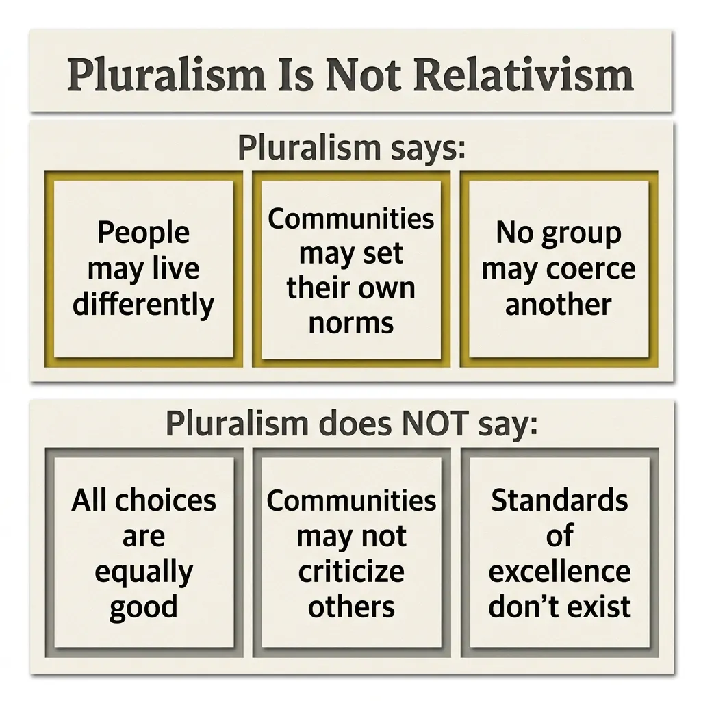 Two-row diagram showing what pluralism does and does not claim