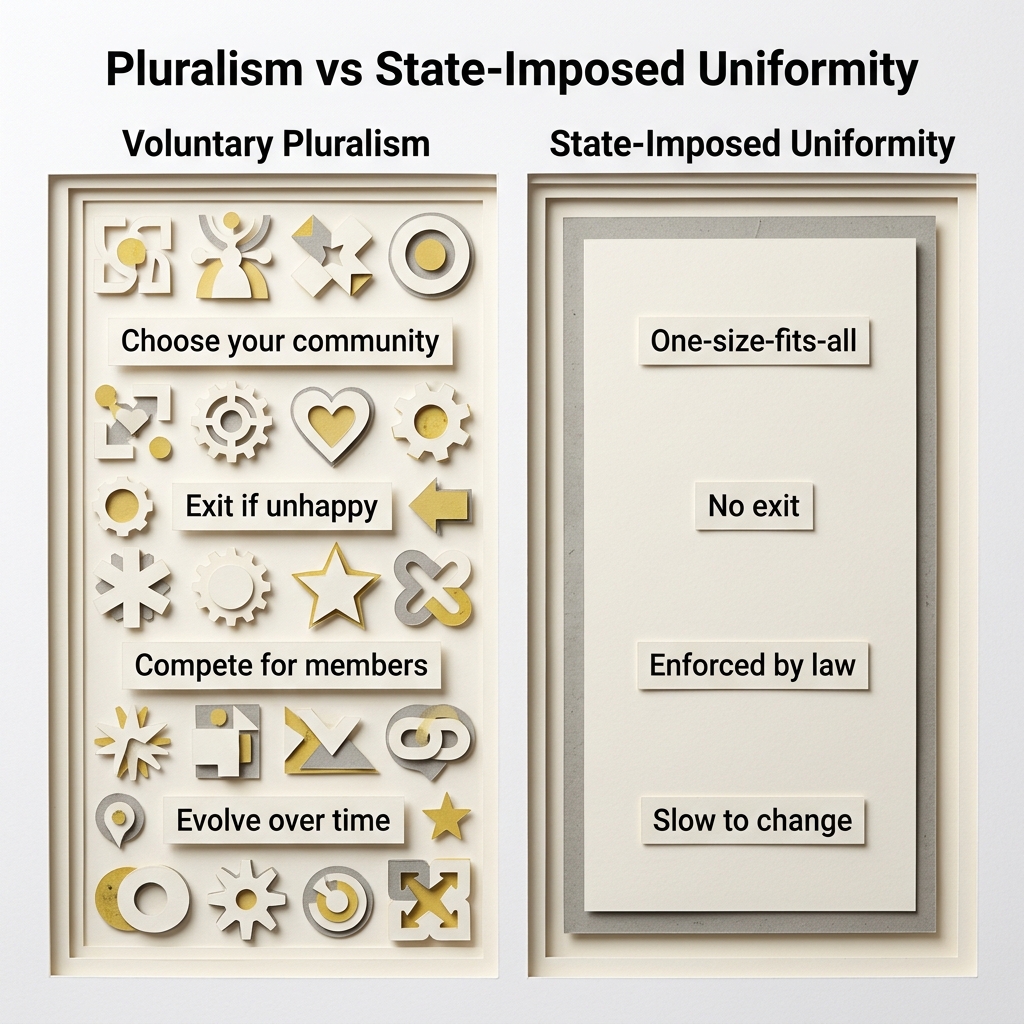 Two-column comparison of voluntary pluralism versus state-imposed uniformity