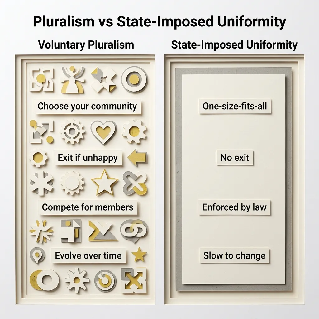Two-column comparison of voluntary pluralism versus state-imposed uniformity