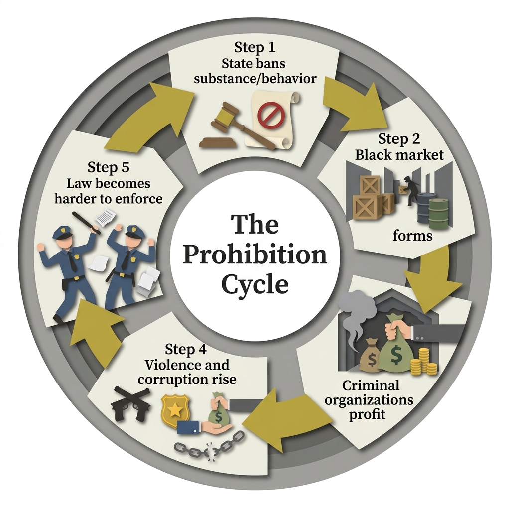 Circular diagram showing the five steps of the prohibition cycle