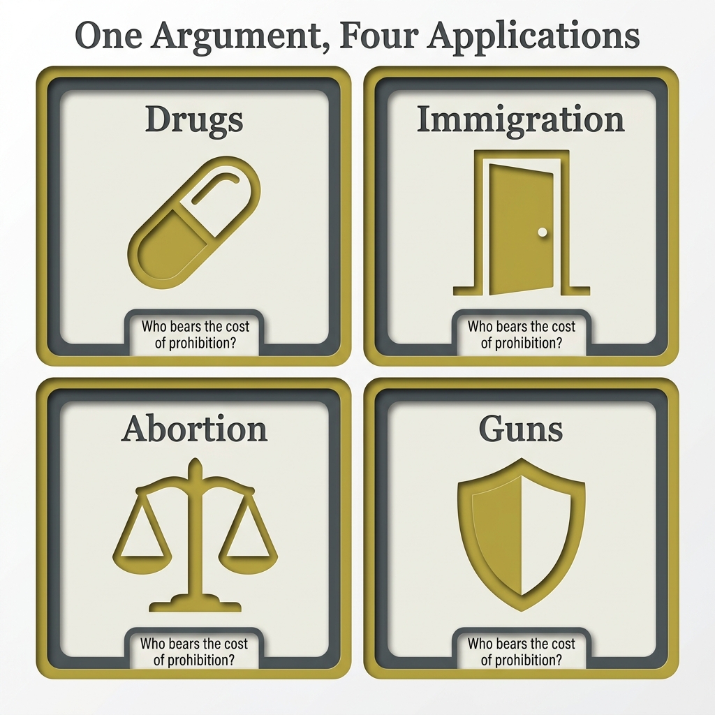 Four-panel diagram showing how the prohibition argument applies to drugs, immigration, abortion, and guns