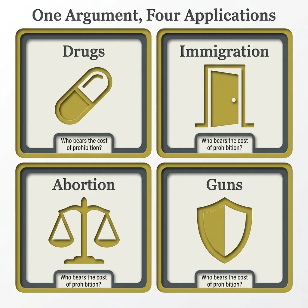 Four-panel diagram showing how the prohibition argument applies to drugs, immigration, abortion, and guns