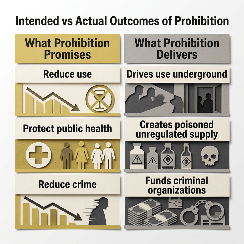 Side-by-side table comparing what prohibition promises versus what it delivers