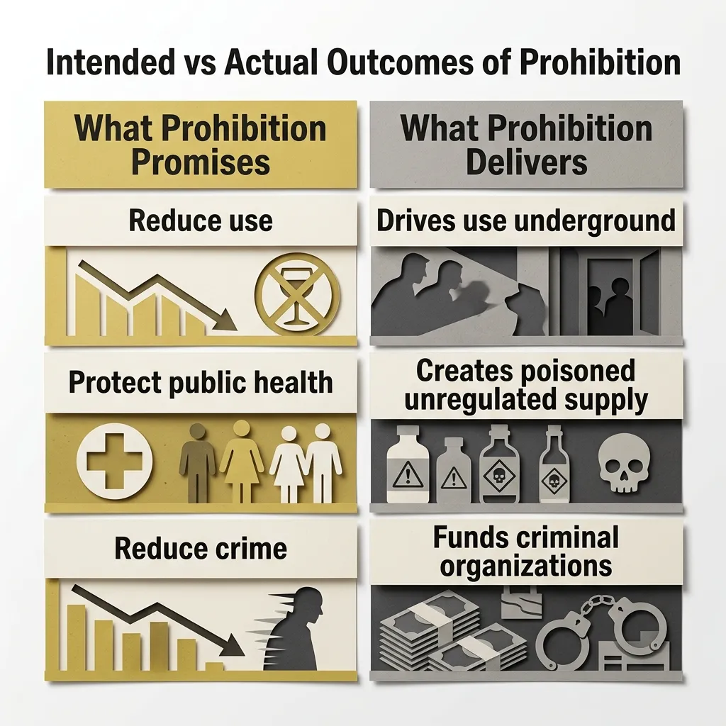 Side-by-side table comparing what prohibition promises versus what it delivers