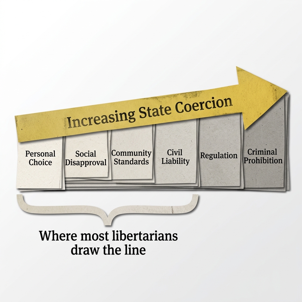 Spectrum diagram from personal choice to criminal prohibition, showing where libertarians draw the line
