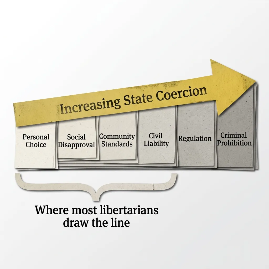 Spectrum diagram from personal choice to criminal prohibition, showing where libertarians draw the line