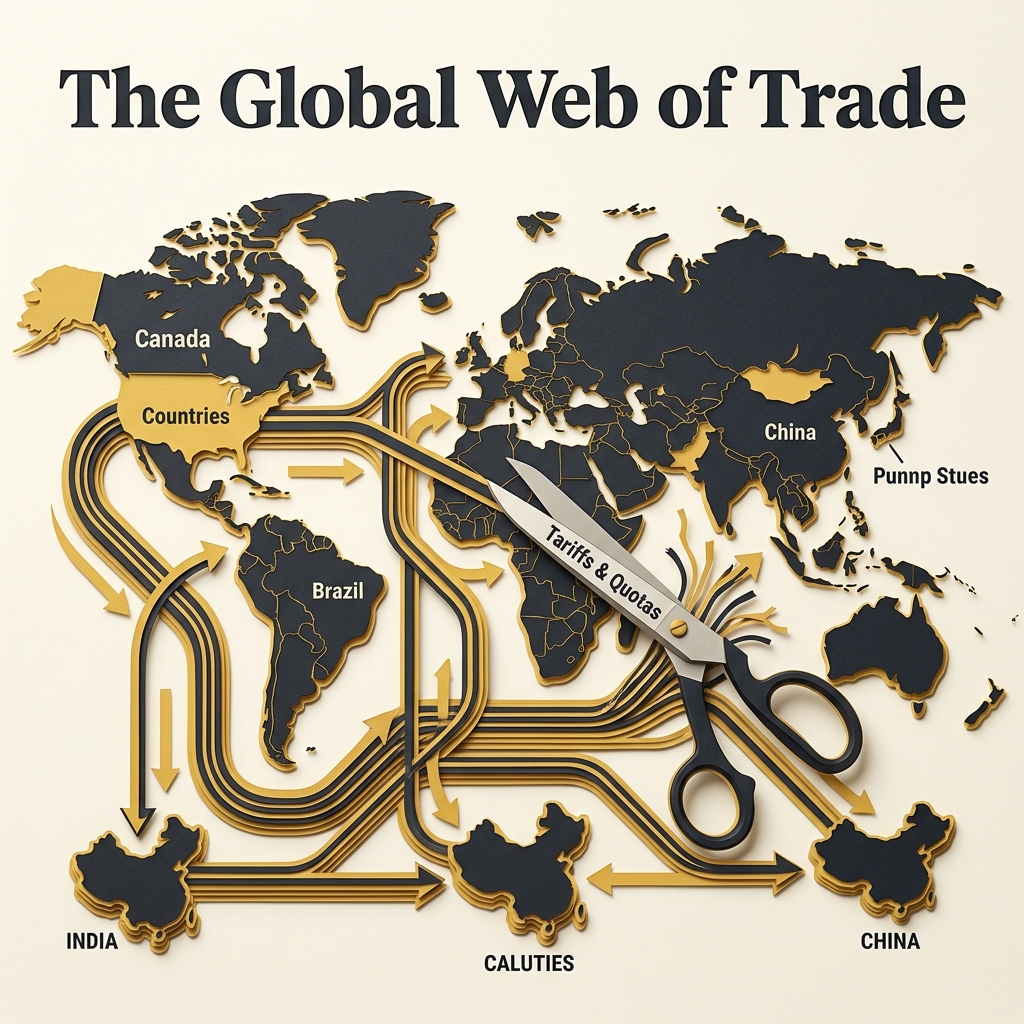 Network diagram showing how tariffs fracture the global web of trade