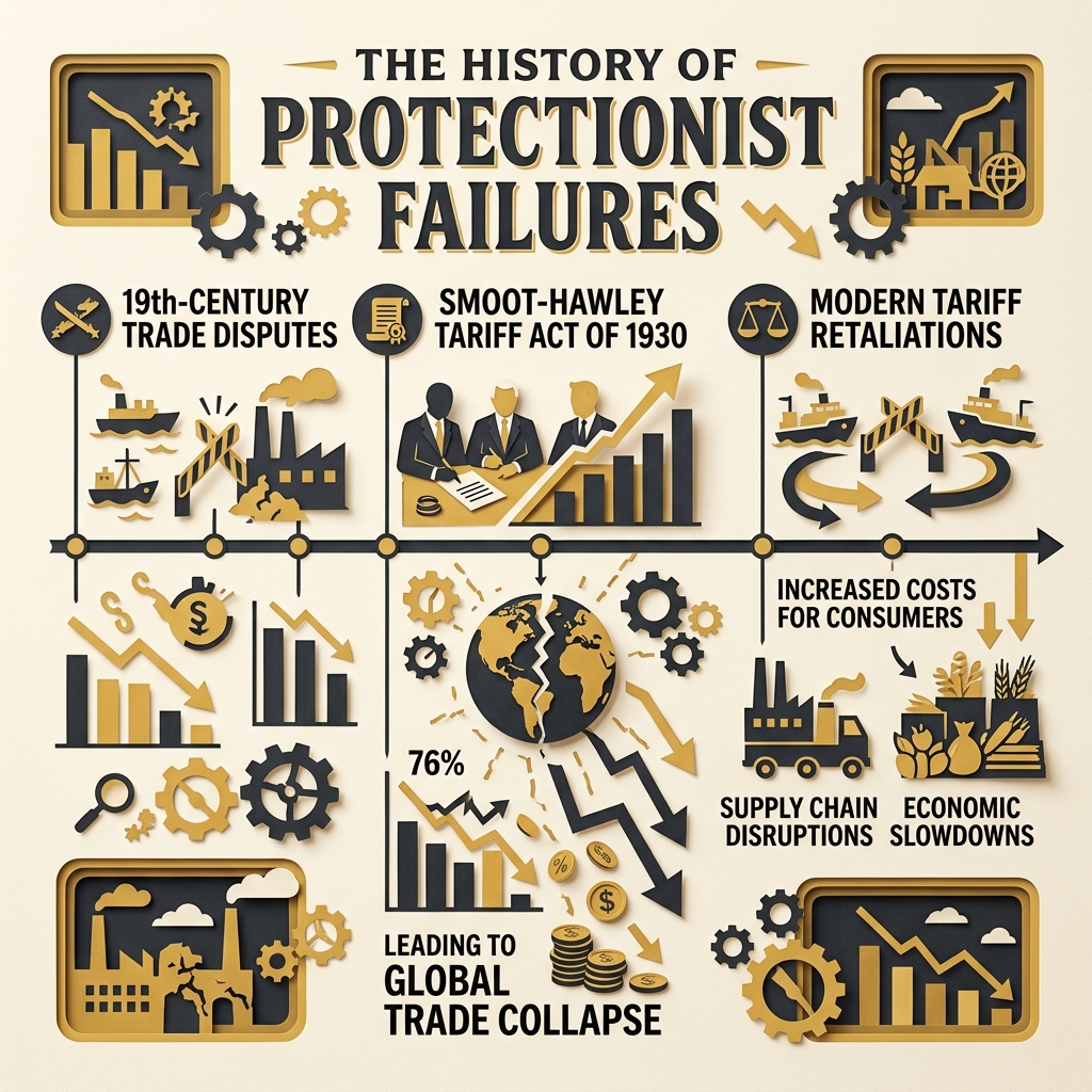 Timeline showing historical examples of protectionist failures, such as the Smoot-Hawley Tariff Act of 1930
