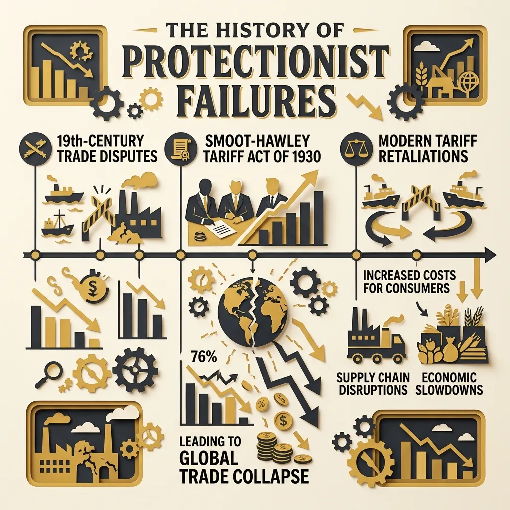 Timeline showing historical examples of protectionist failures, such as the Smoot-Hawley Tariff Act of 1930