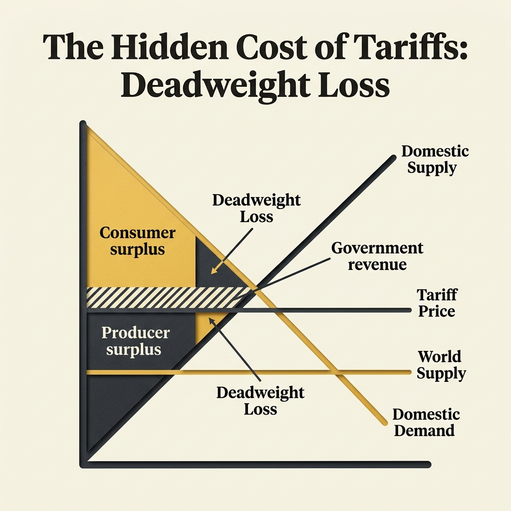 Supply and demand diagram showing the transfer of consumer surplus to domestic producers and government under a tariff