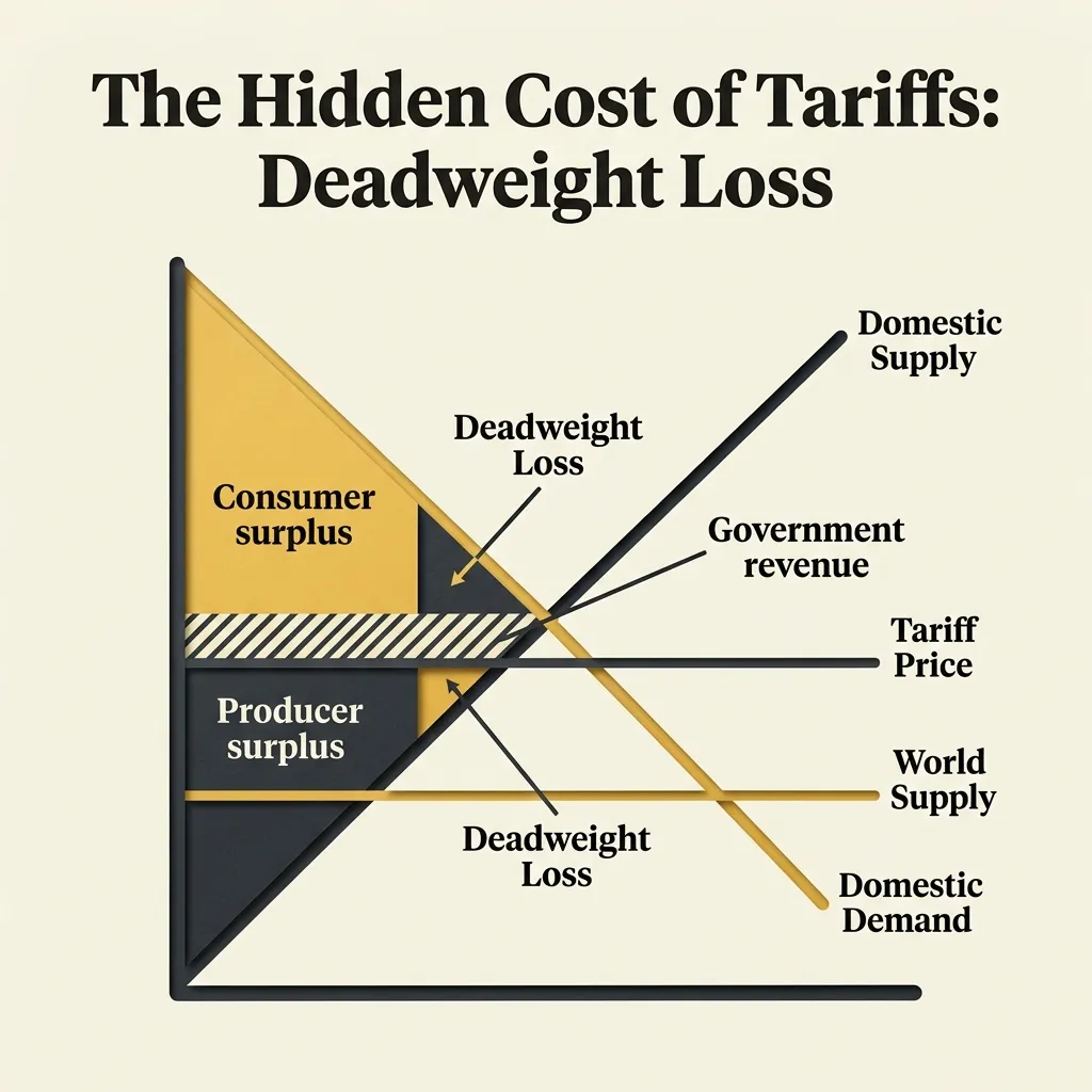 Supply and demand diagram showing the transfer of consumer surplus to domestic producers and government under a tariff