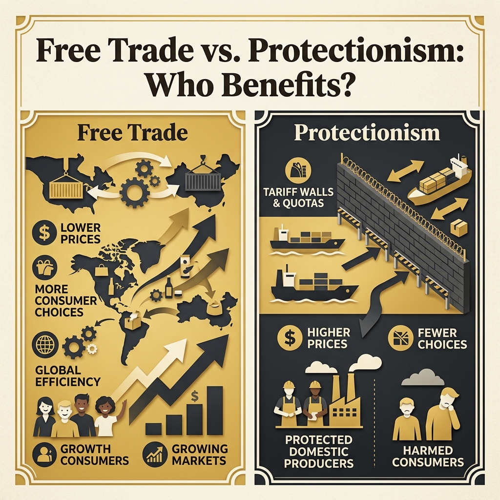 Infographic showing the differences in flow between Free Trade and Protectionism