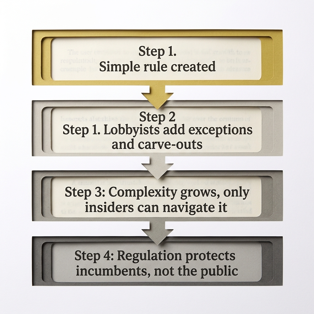 Four-step flow diagram showing how simple rules get captured and become complex through lobbying