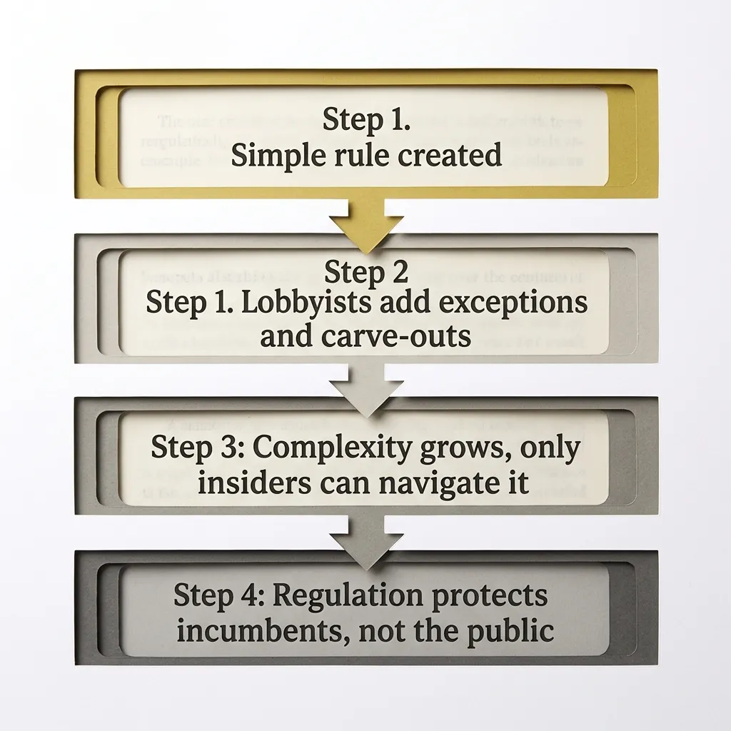 Four-step flow diagram showing how simple rules get captured and become complex through lobbying