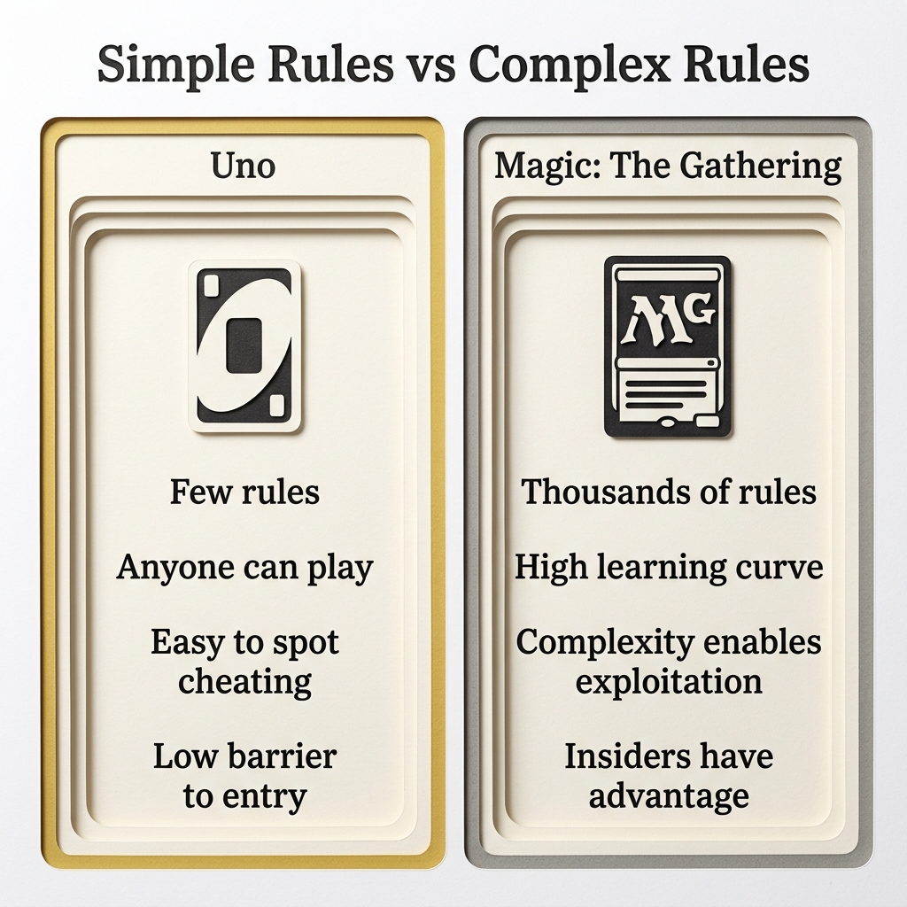 Side-by-side comparison of Uno (simple rules) versus Magic: The Gathering (complex rules)