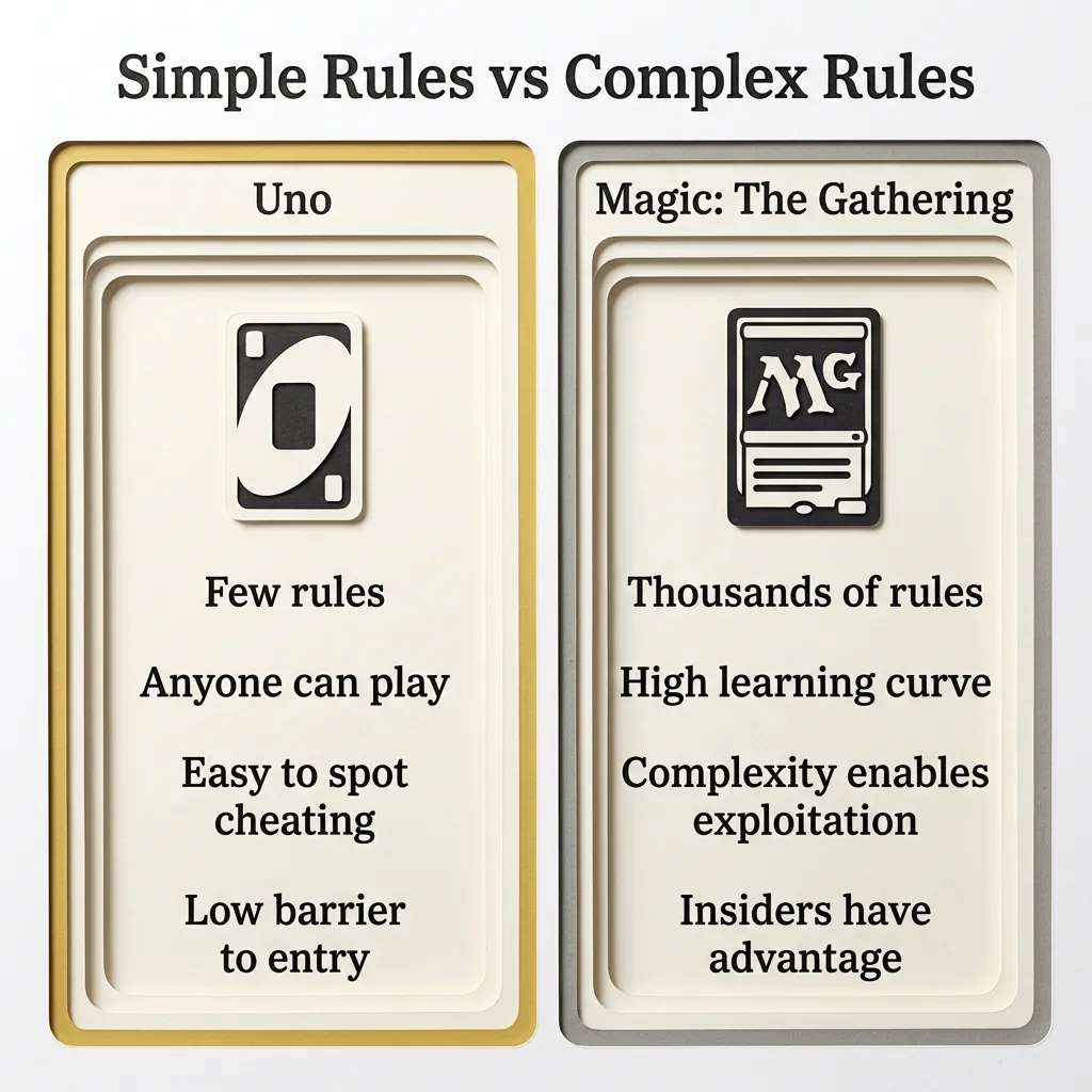 Side-by-side comparison of Uno (simple rules) versus Magic: The Gathering (complex rules)