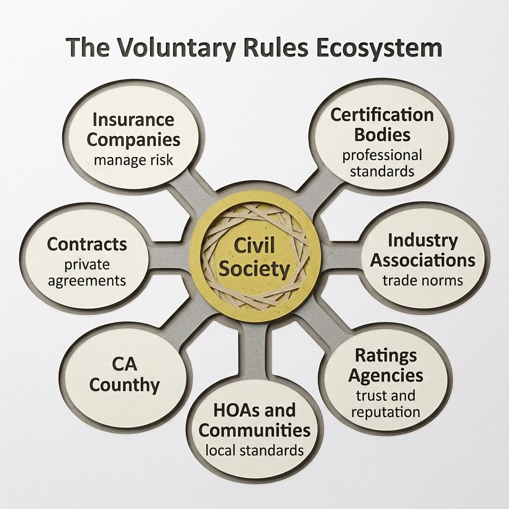 Hub-and-spoke diagram showing the voluntary rules ecosystem around civil society