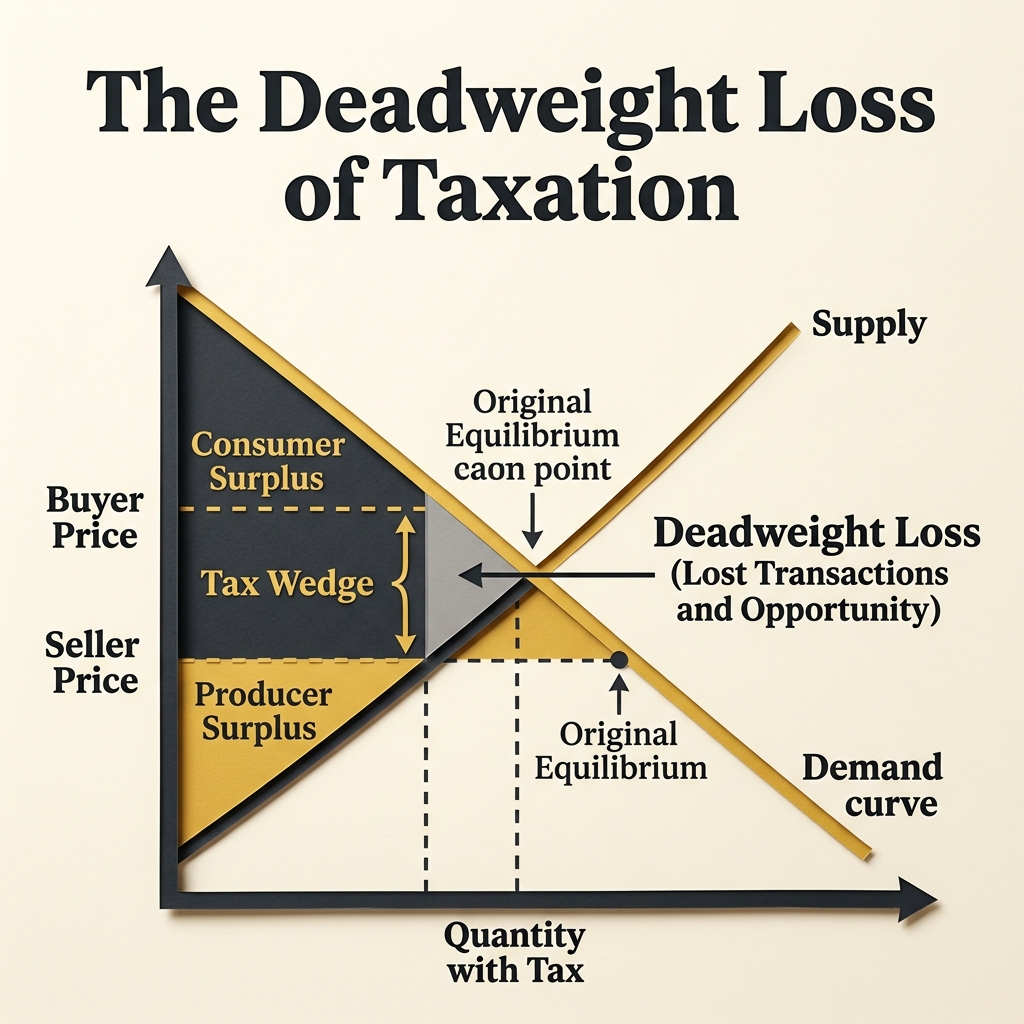 Supply and demand curve diagram illustrating the deadweight loss triangle caused by a tax wedge
