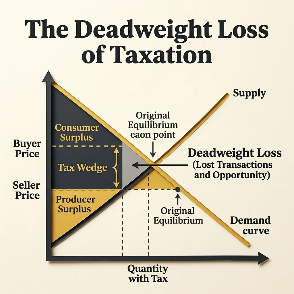 Supply and demand curve diagram illustrating the deadweight loss triangle caused by a tax wedge
