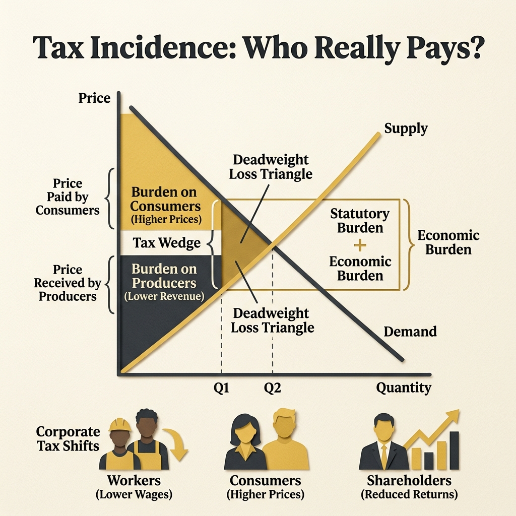 Flowchart diagram showing how corporate and business taxes are shifted onto consumers through higher prices and workers through lower wages