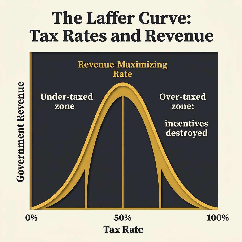 Infographic showing the Laffer Curve illustrating the relationship between tax rates, revenue, and economic incentives