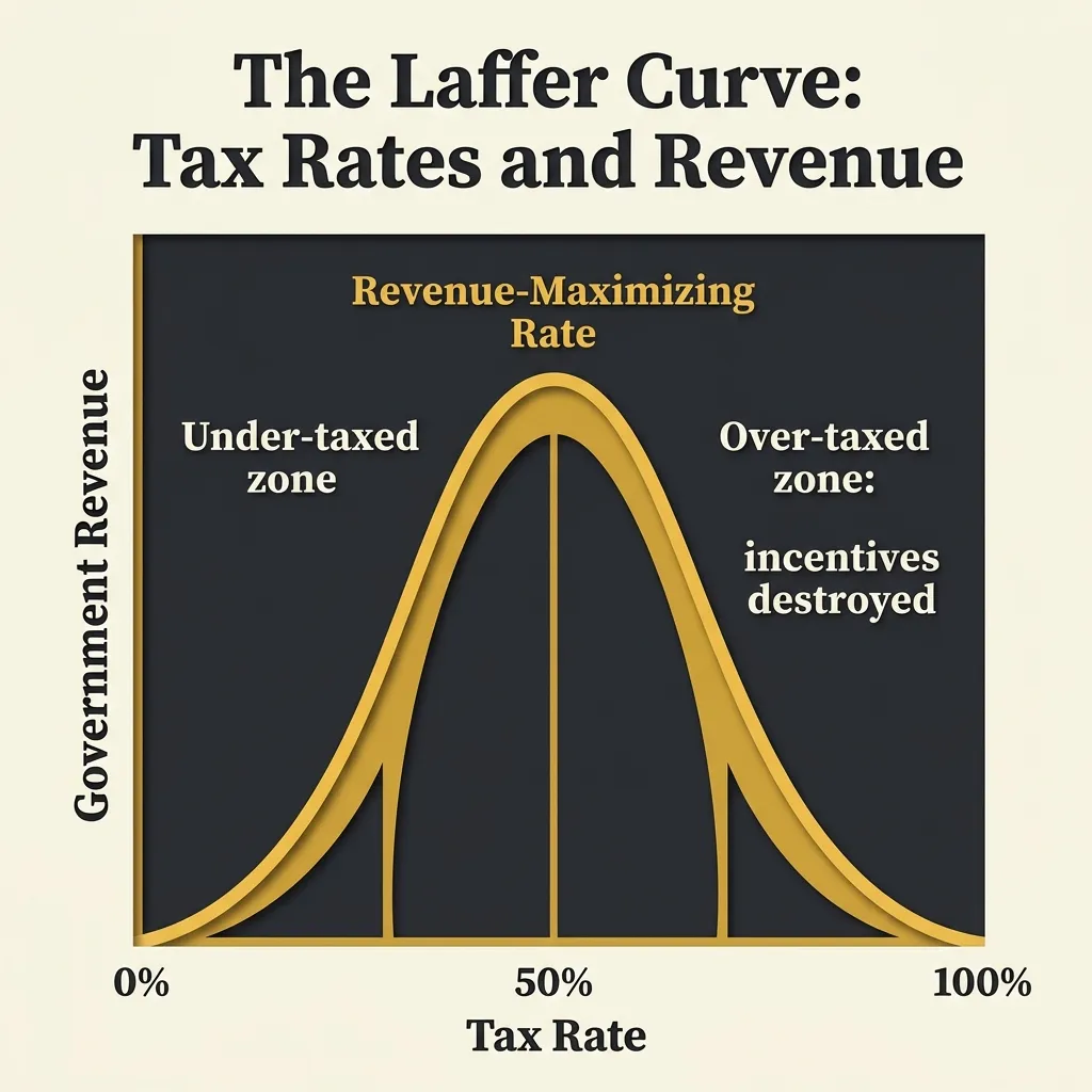 Infographic showing the Laffer Curve illustrating the relationship between tax rates, revenue, and economic incentives