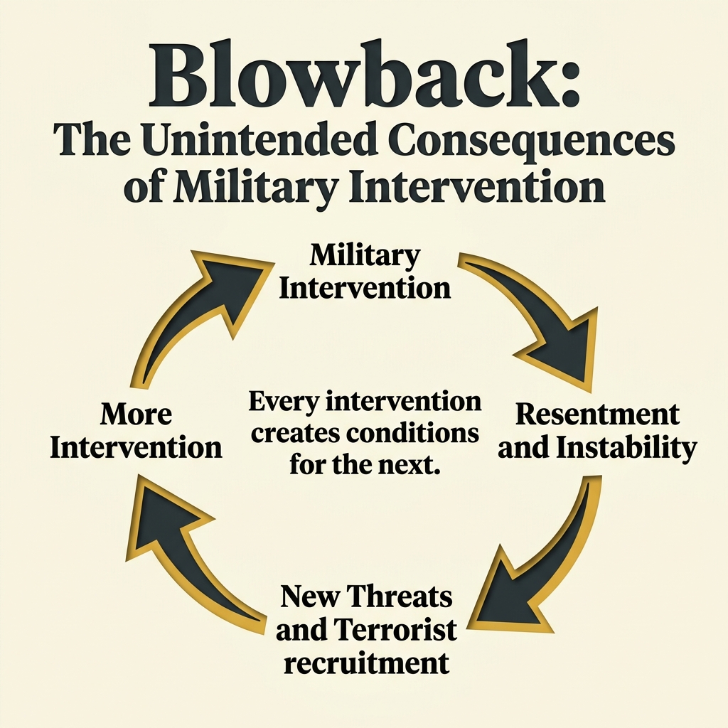 Graphic diagram illustrating the concept of blowback: how foreign military intervention and economic warfare create domestic instability