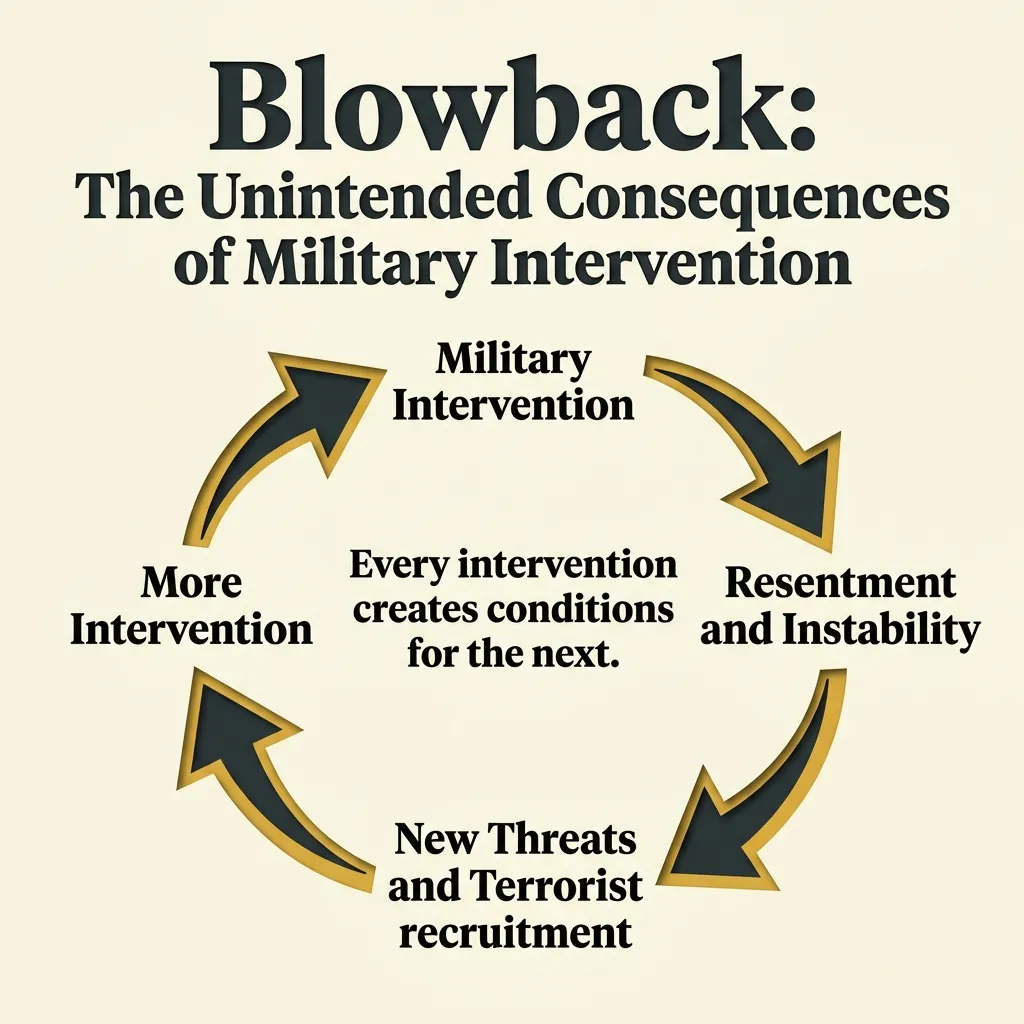 Graphic diagram illustrating the concept of blowback: how foreign military intervention and economic warfare create domestic instability