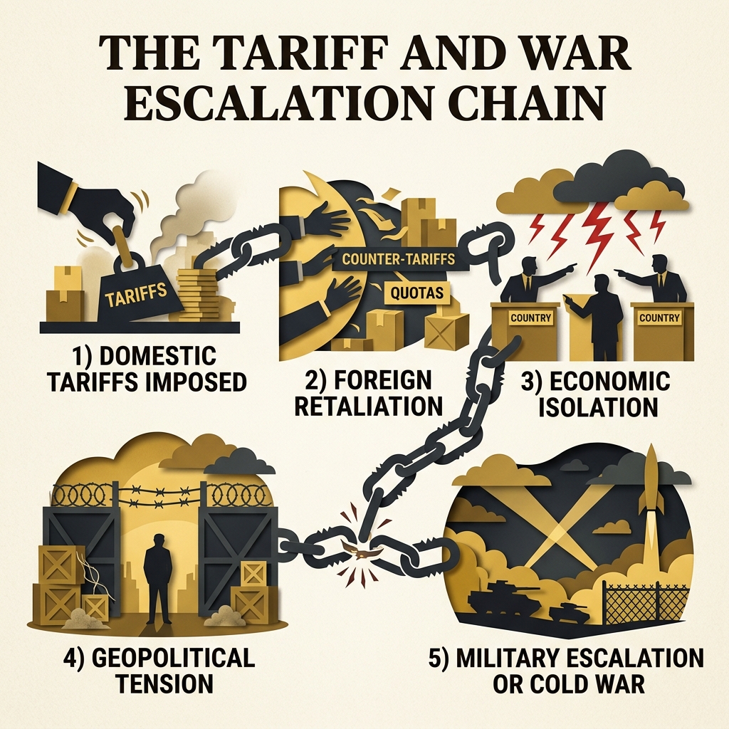 Flowchart outlining the escalation chain from domestic tariffs to foreign retaliation and military conflict