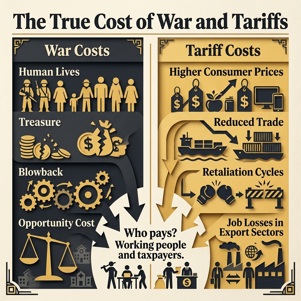 Infographic showing the domestic costs of war and tariffs: inflation, civil liberty erosion, and debt