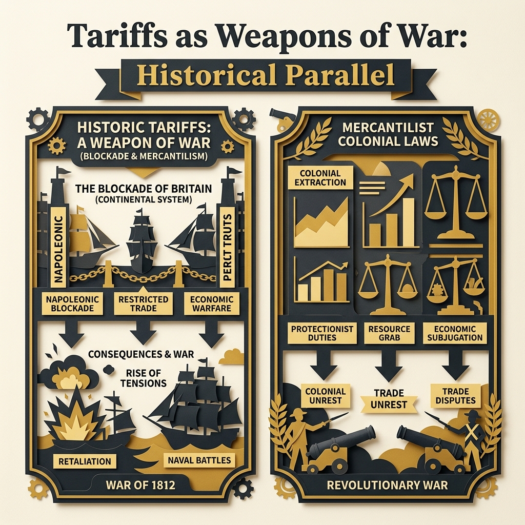 Parallel diagrams showing historical examples of economic blockades and colonial mercantilist laws leading to war