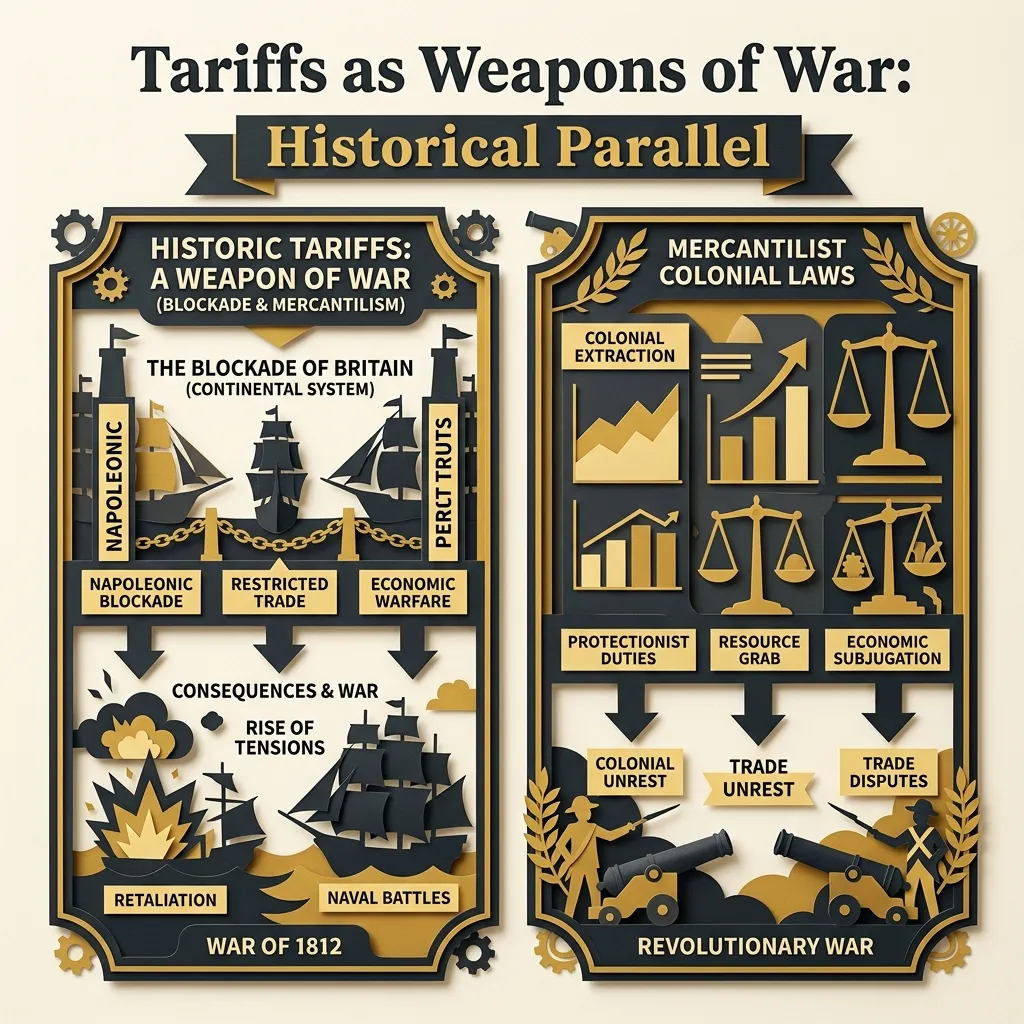 Parallel diagrams showing historical examples of economic blockades and colonial mercantilist laws leading to war
